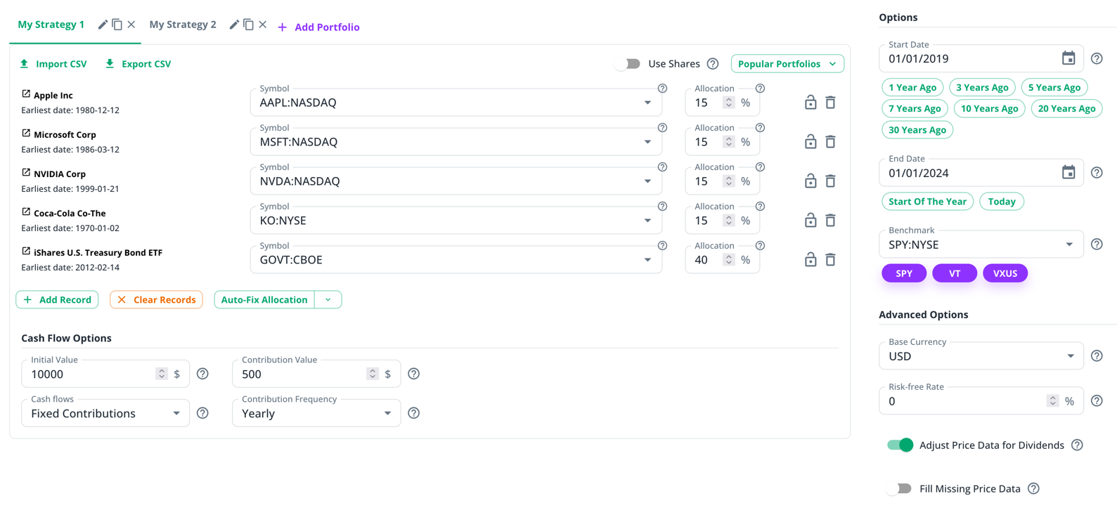 Screenshot of the data input table in the dashboard.